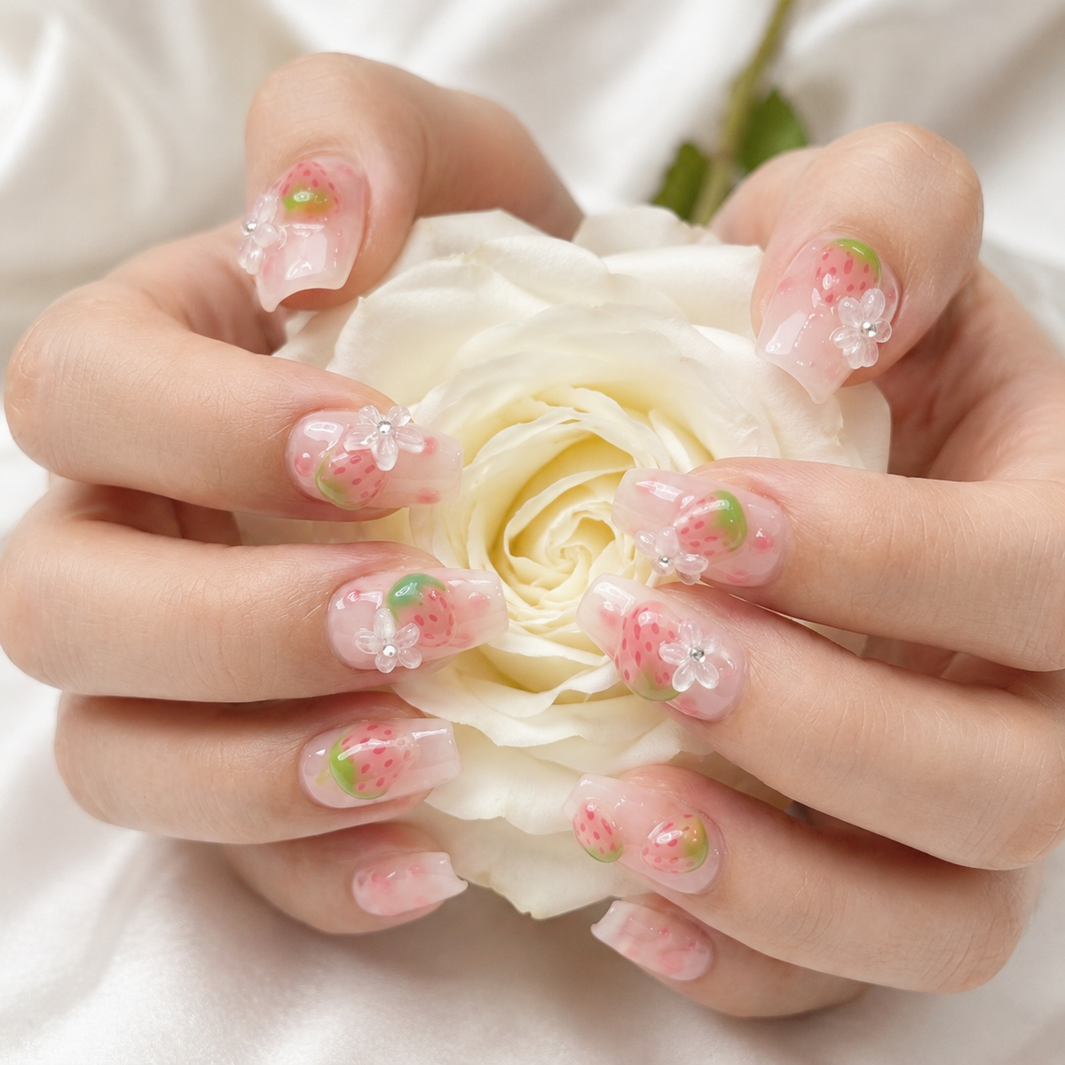 Cute Pink Strawberry Press On Nails with 3D Flowers
