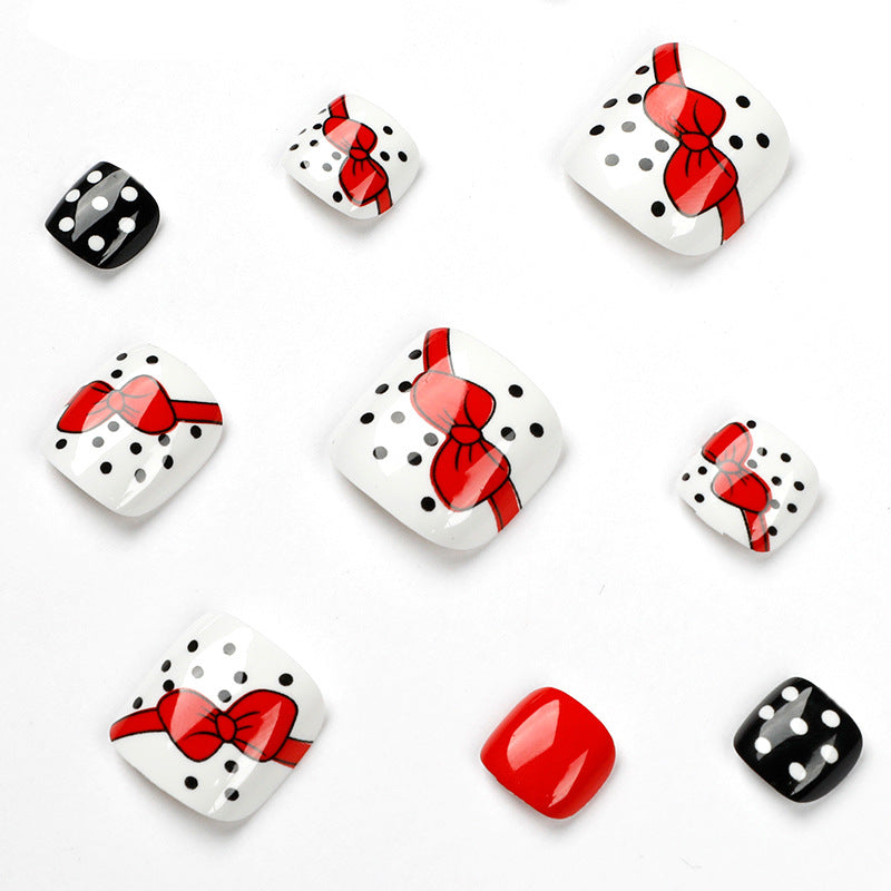 Cute Red Bow and Polka Dot Press On Toenails – 24 Piece Set