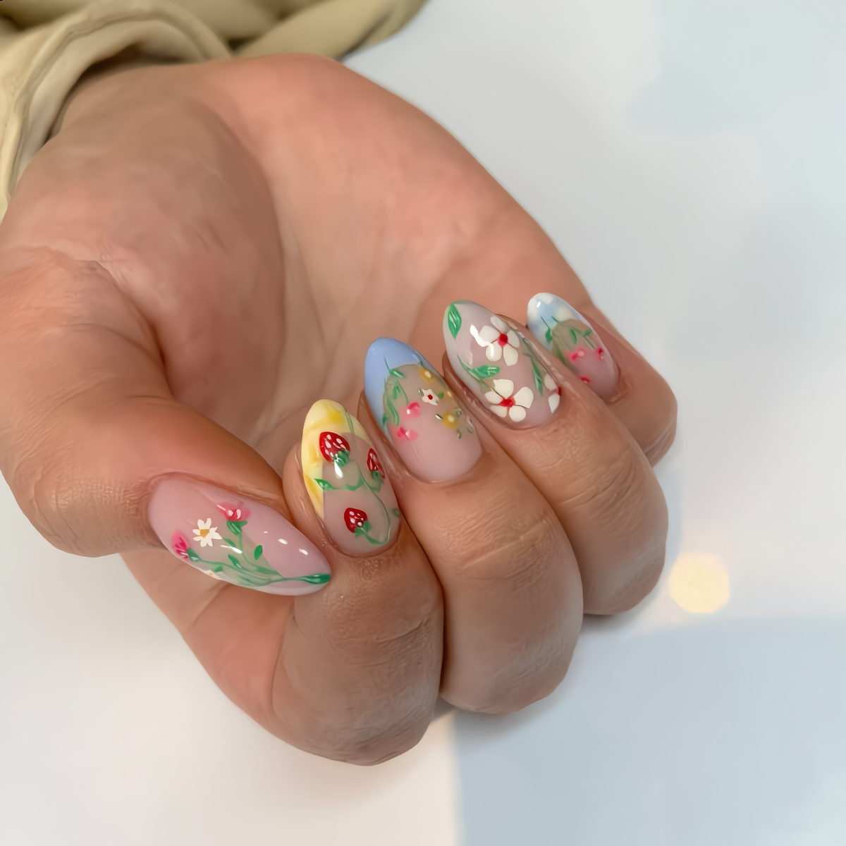 Cute strawberry flower press on nails with glossy almond shape