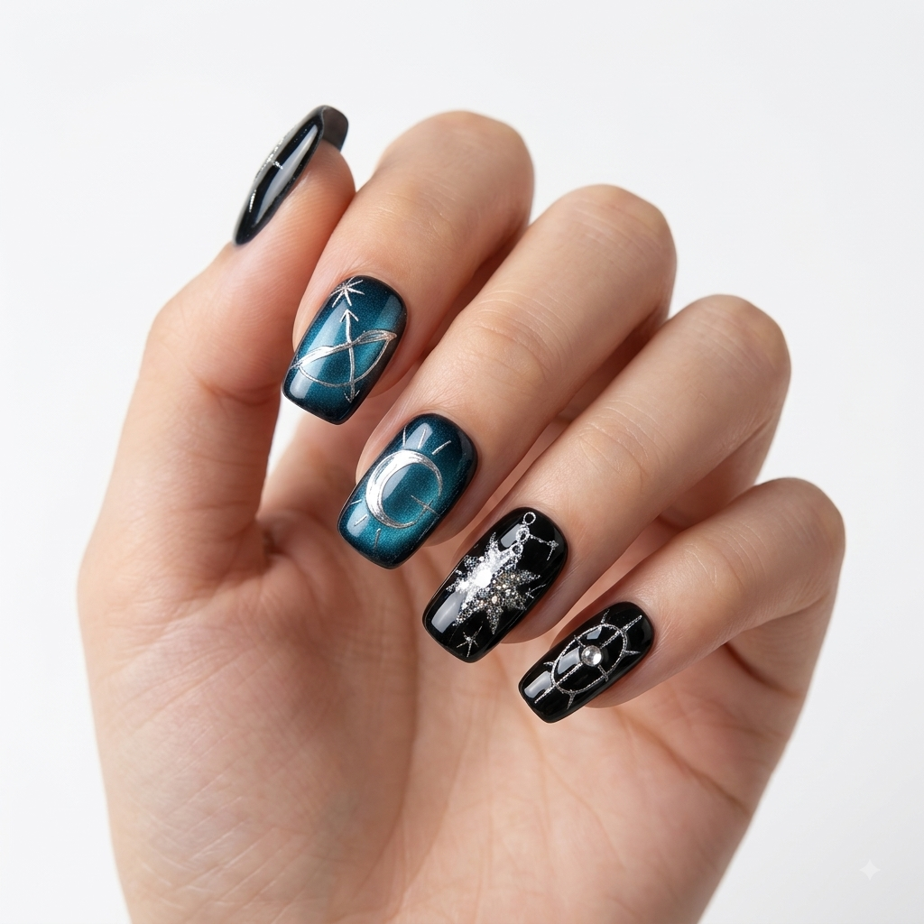 Dark Blue Starry Press On Nails Short Square Design
