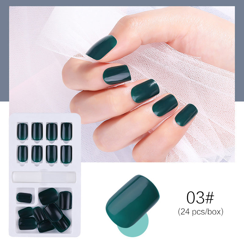 Dark green glossy press on nails reusable short fake nail set