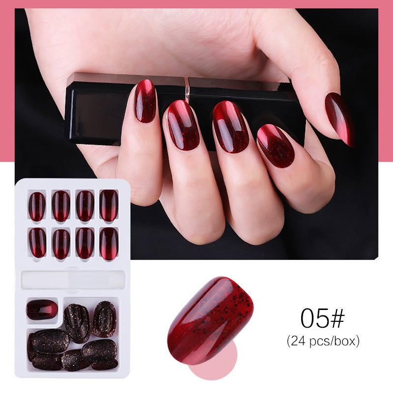 Dark red cat eye press on nails glossy reusable fake nail set