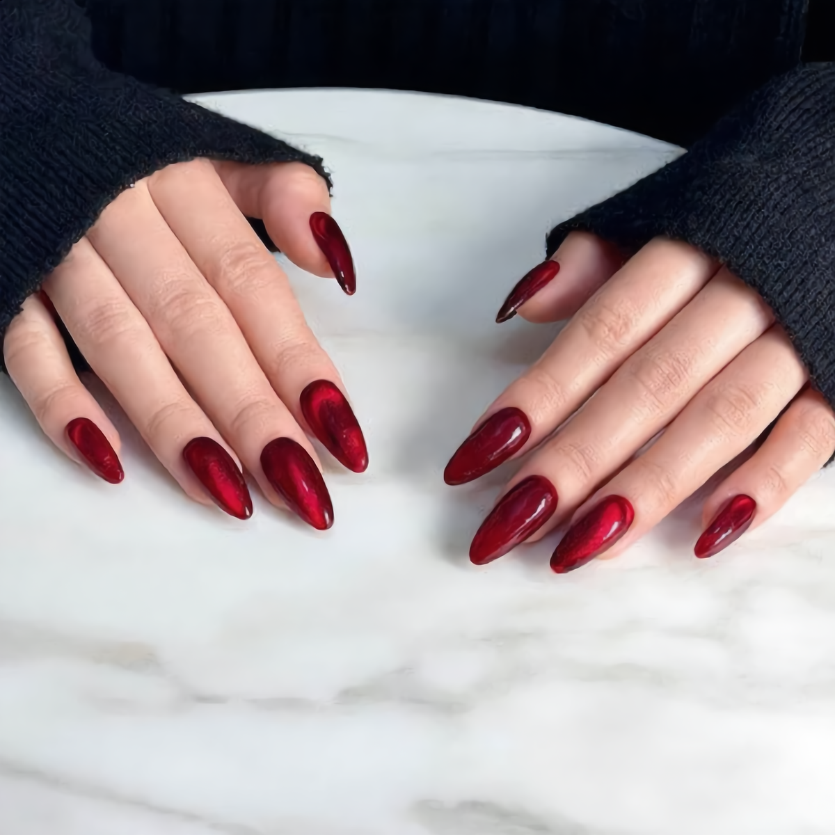 Deep Red Almond Press On Nails – Luxury Hand Model