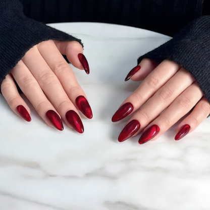Deep Red Almond Press On Nails – Luxury Hand Model