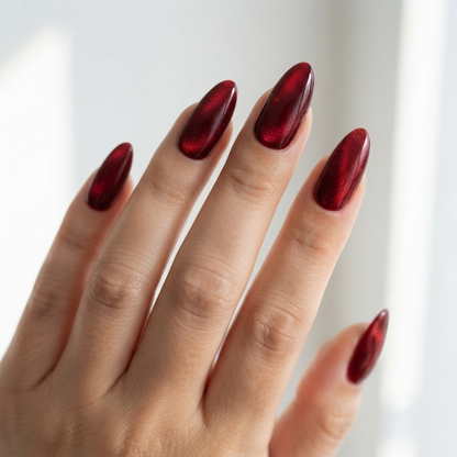 Deep Red Cat Eye Almond Nails – Side View