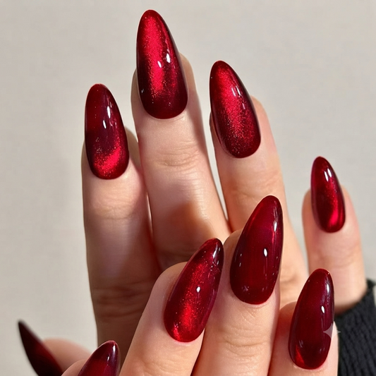 Deep Red Cat Eye Press On Nails – Almond Shaped Nails
