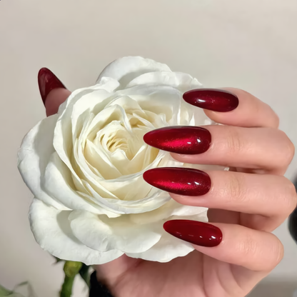 Deep Red Cat Eye Press On Nails Holding White Rose