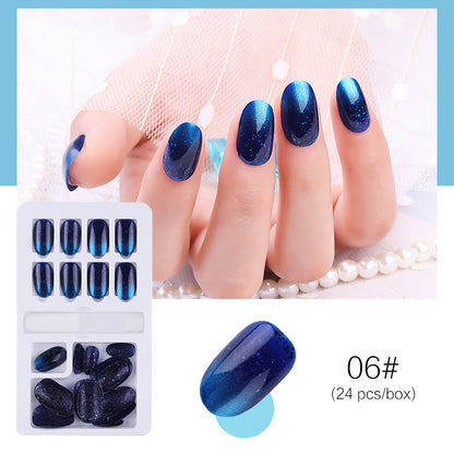 Deep blue cat eye press on nails glossy reusable manicure set