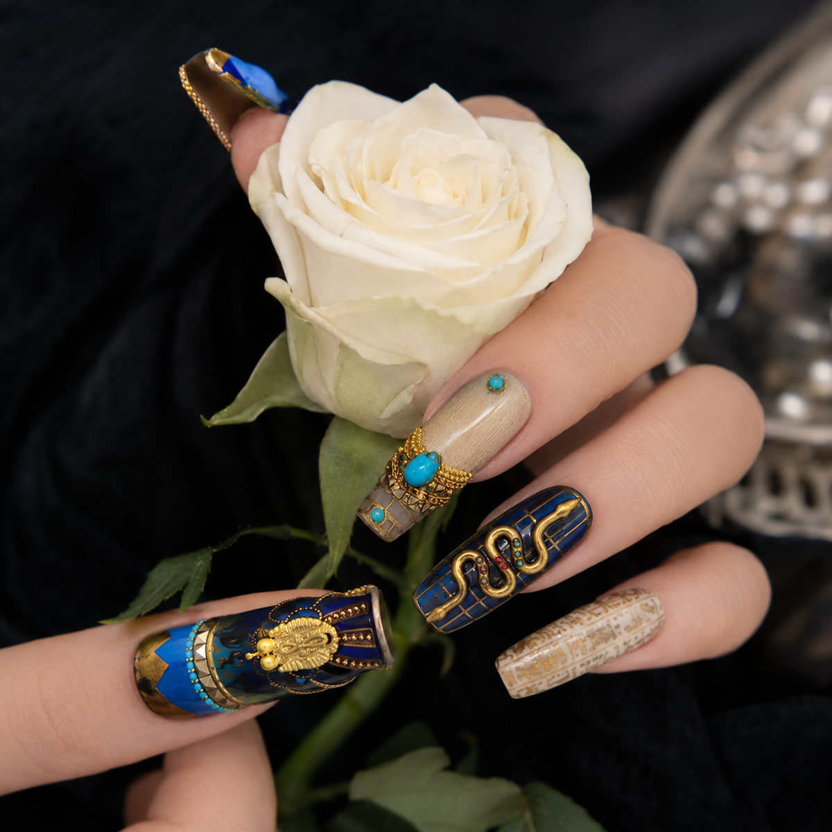 Egyptian 3D Press On Nails with Blue Gold Charms and White Rose