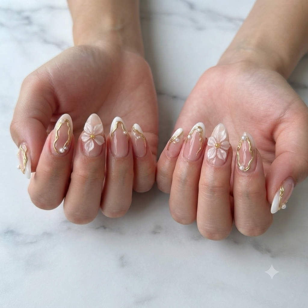 Elegant Floral Press On Nails – Nude Gold Pearl Nail Set