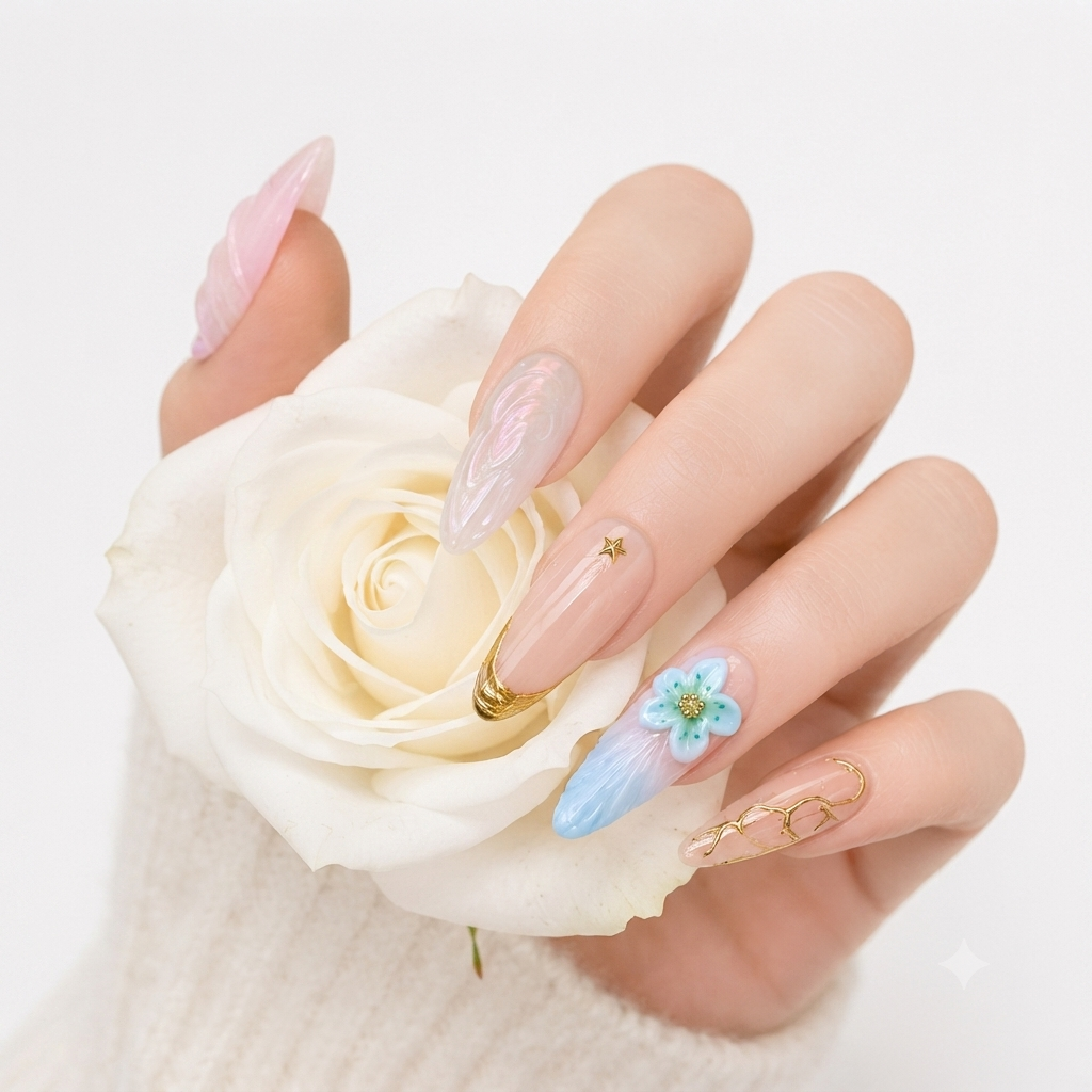 Elegant Floral Press On Nails Pink Blue Gold