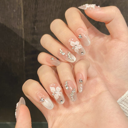 Elegant Nude Pink Press On Nails with 3D Flower Design