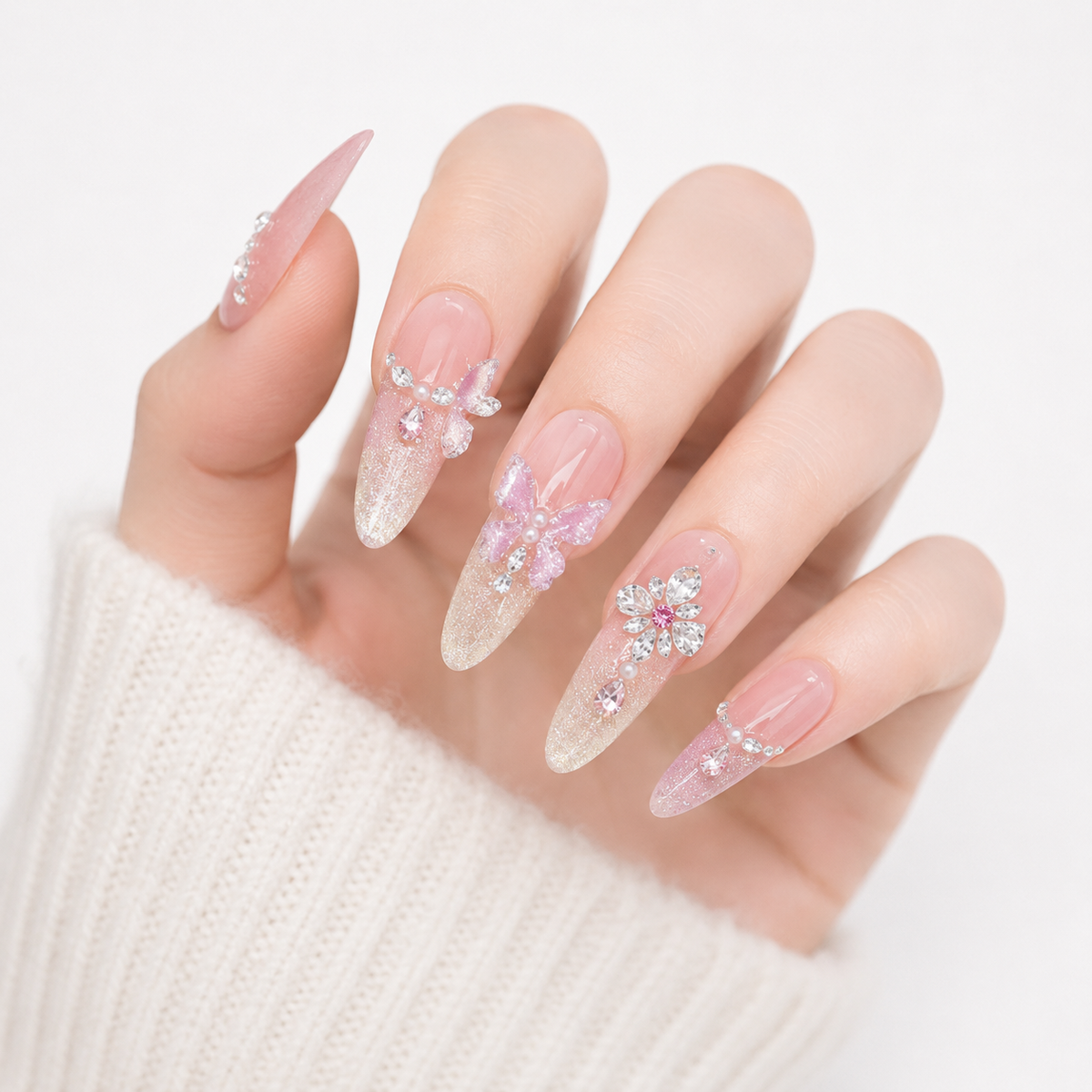 Elegant Pink Glitter Almond Press On Nails with 3D Rhinestones and Butterfly Charms