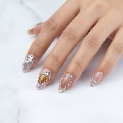 Elegant Silver 3D Press On Nails with Chrome Details and Crystal Accents