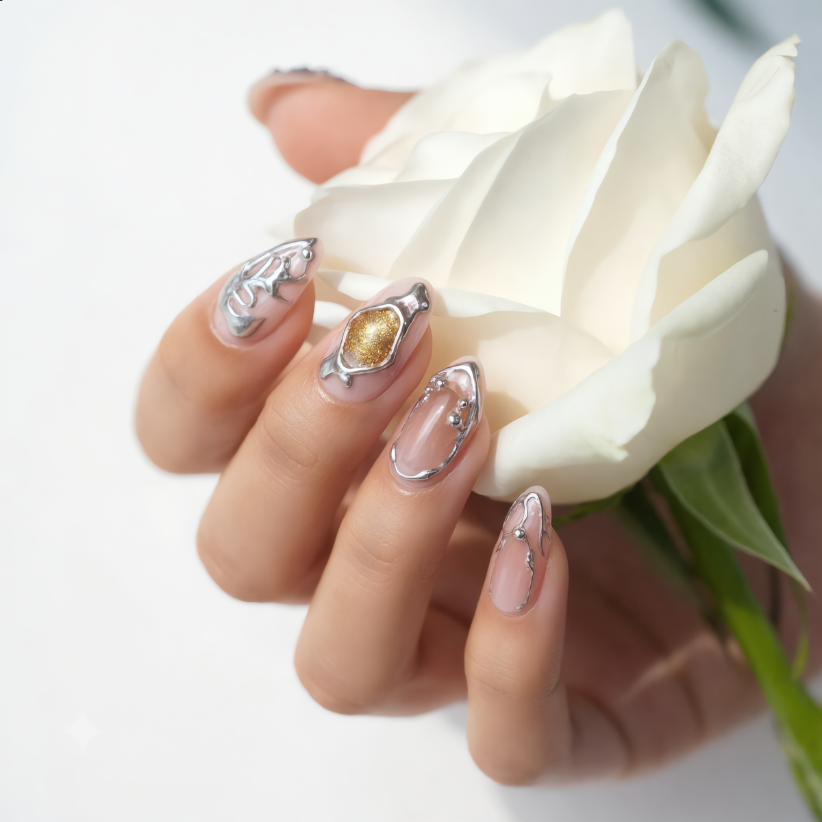 Elegant Silver Chrome Press On Nails with 3D Rhinestone Decorations