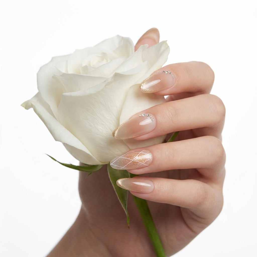 Elegant champagne press on nails worn on hand holding a white rose
