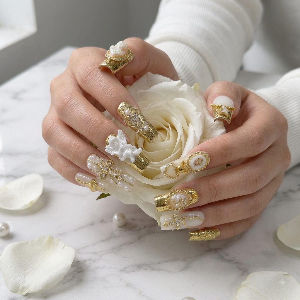 Elegant gold 3D press on nails with angel and pearl charms holding a white rose