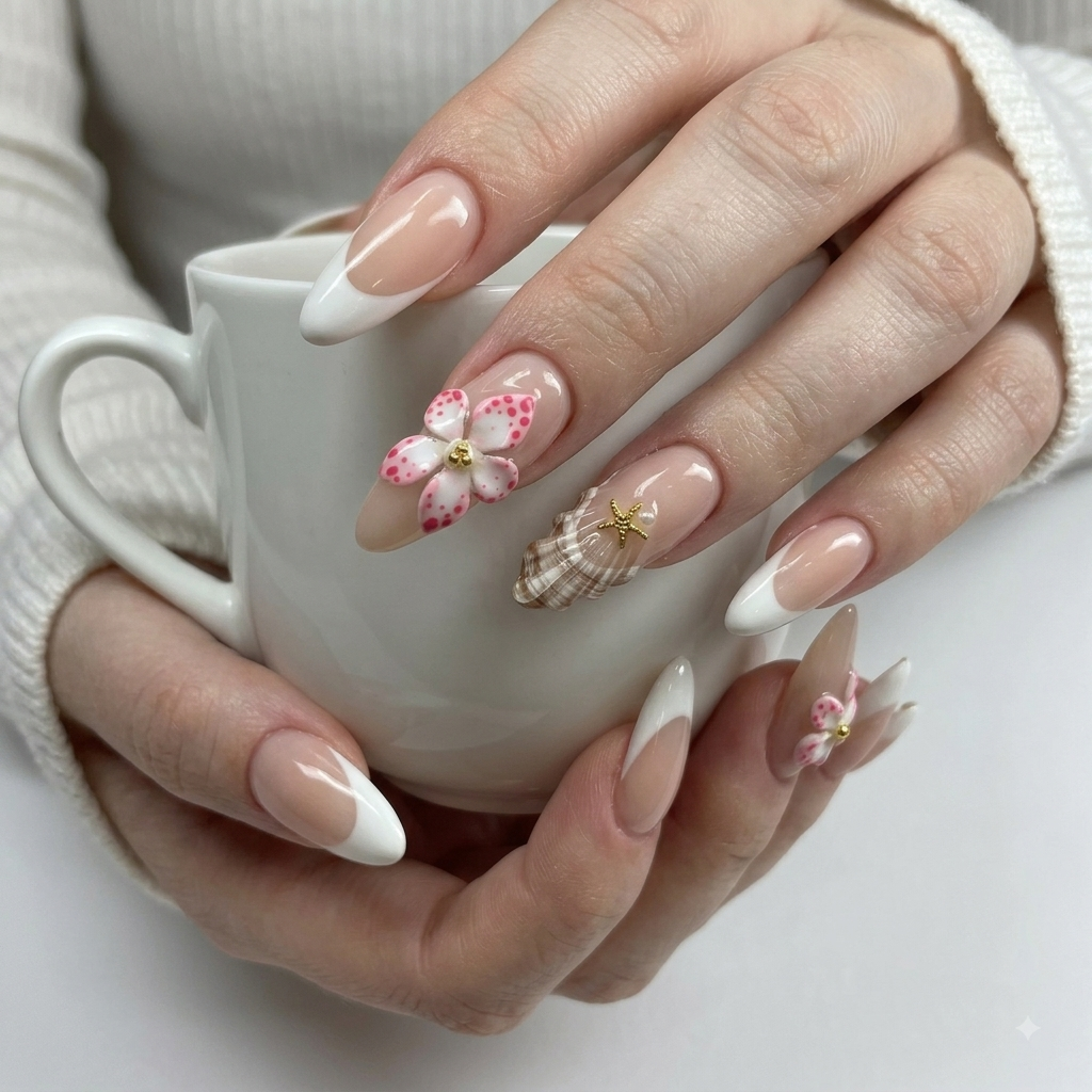 Elegant pink floral press on nails worn while holding a white coffee cup