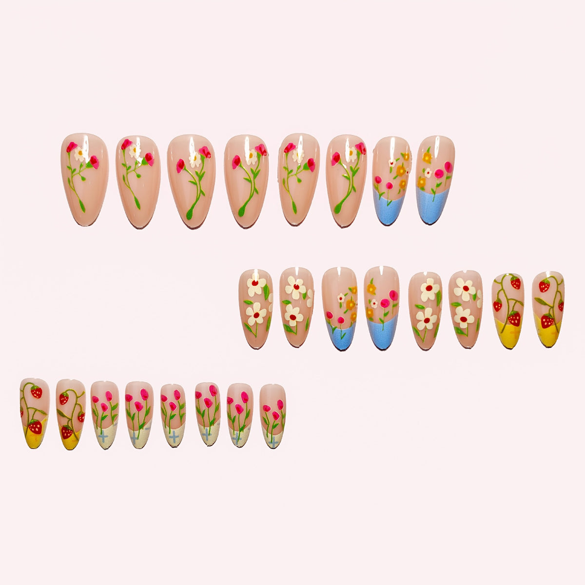 Floral strawberry press on nail set with colorful spring nail art