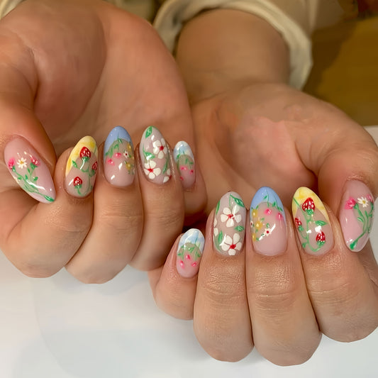 Floral strawberry press on nails with colorful hand painted flower design