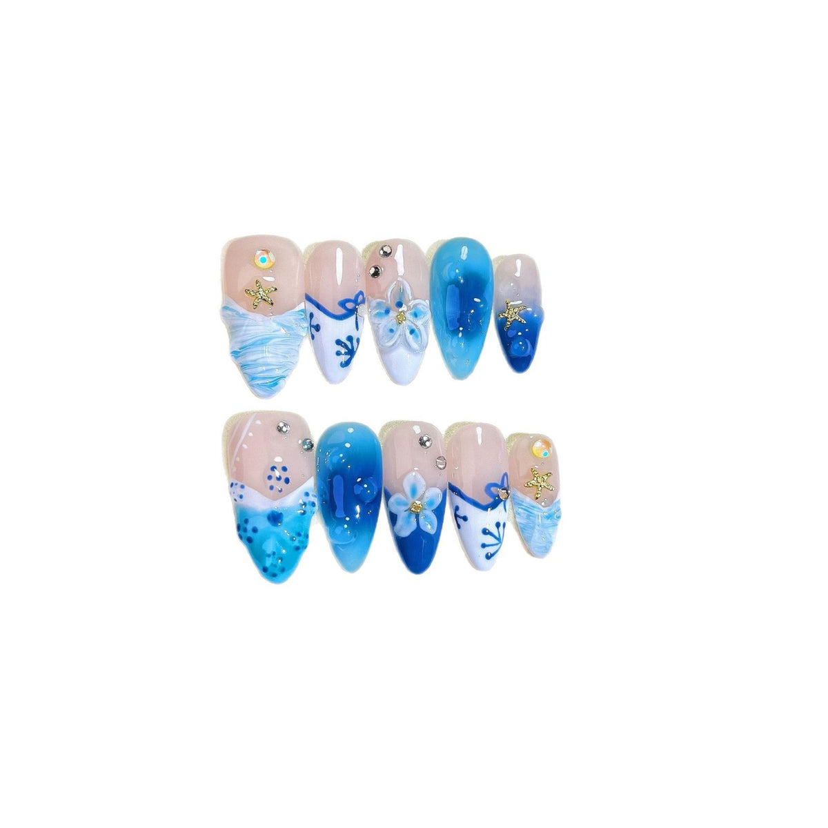 Full set of blue ocean press on nails with 3D flowers, waves and starfish charms