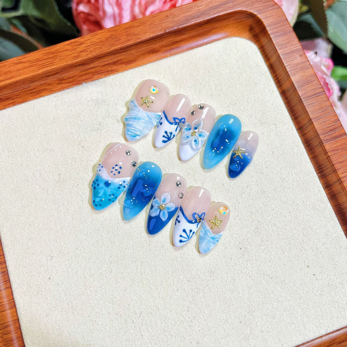 Full set of blue ocean press on nails with 3D flowers, waves and starfish charms