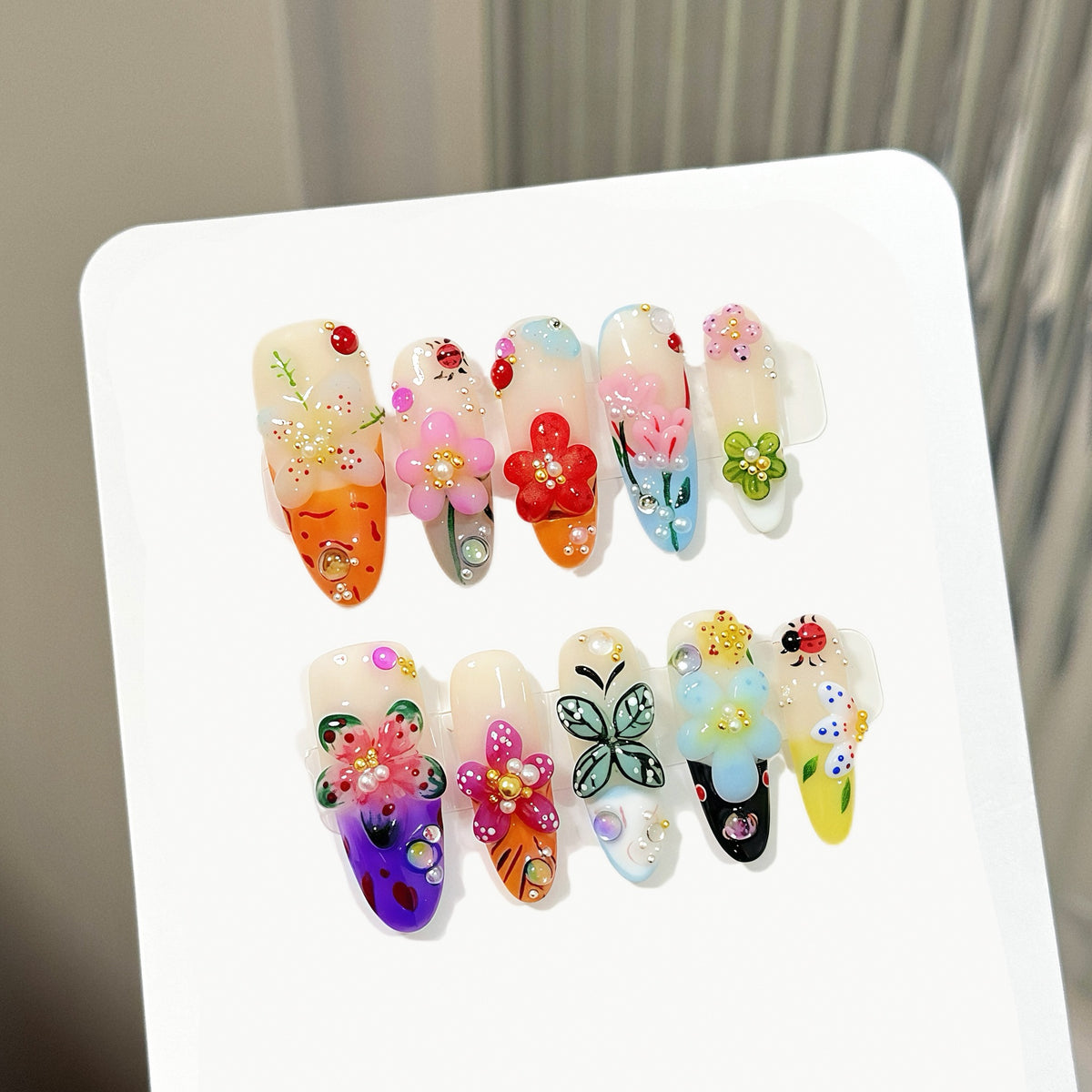 Full set of colorful press on nails with 3D flowers, butterflies and rhinestones