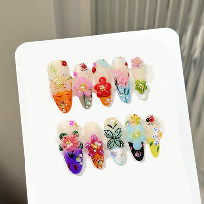 Full set of colorful press on nails with 3D flowers, butterflies and rhinestones