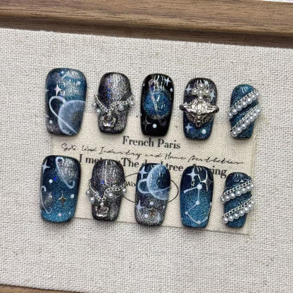 Full set of galaxy press on nails with stars, constellations, pearls and glitter