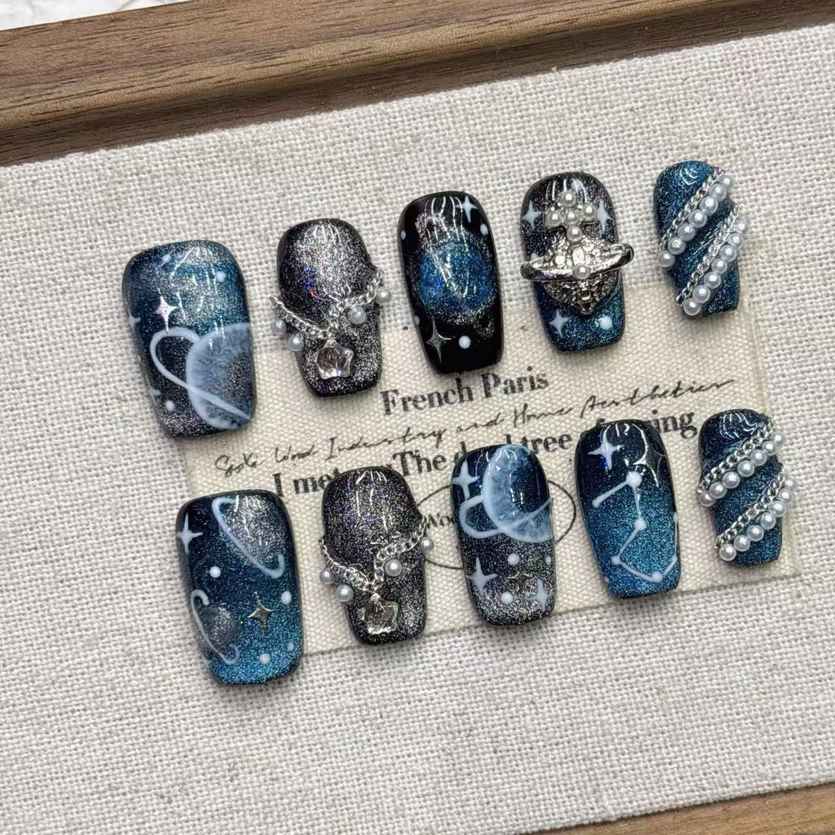 Full set of galaxy press on nails with stars, constellations, pearls and glitter