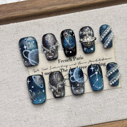 Full set of galaxy press on nails with stars, constellations, pearls and glitter