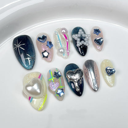 Galaxy 3D Press On Nails – Chrome Heart Star Nail Art Set