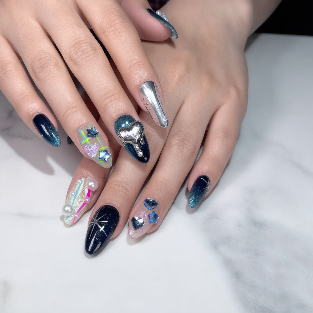 Galaxy Chrome Press On Nails – 3D Heart Star Statement Nails