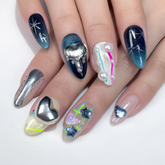 Galaxy Press On Nails – 3D Chrome Heart and Star Nail Set