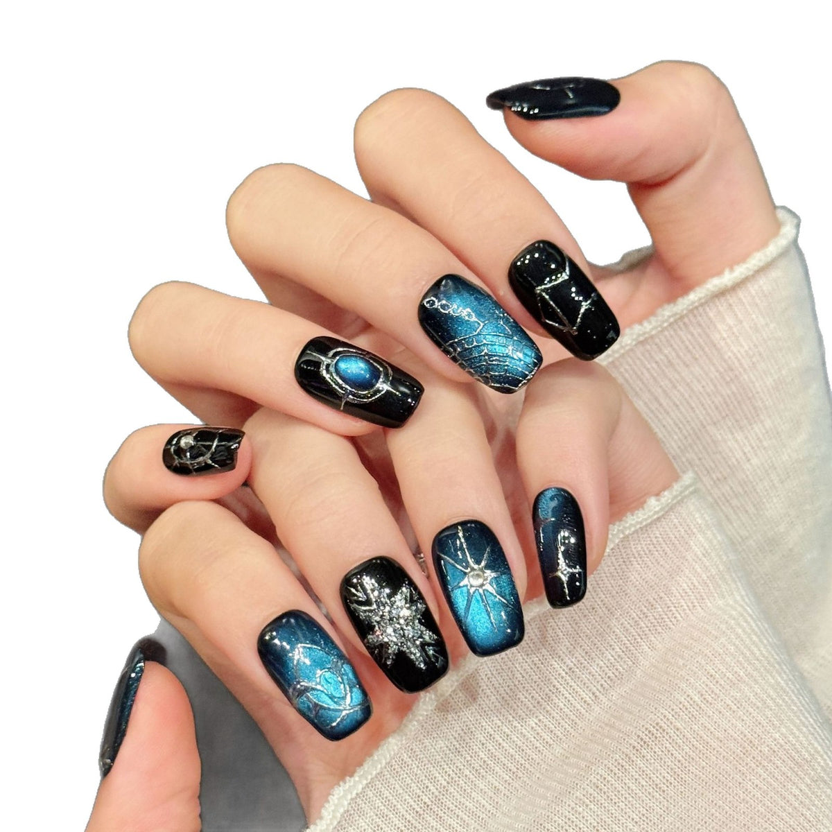 Galaxy Press On Nails Blue Black Star Nail Art