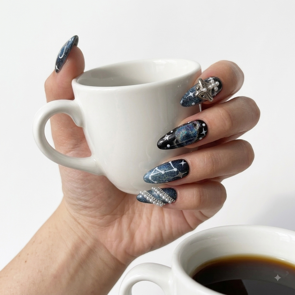 Galaxy press on nails worn on hand holding a white coffee cup