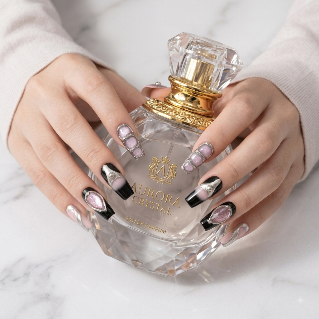Luxury Pink & Black Chrome Press On Nails – 3D Silver Metallic Nail Set