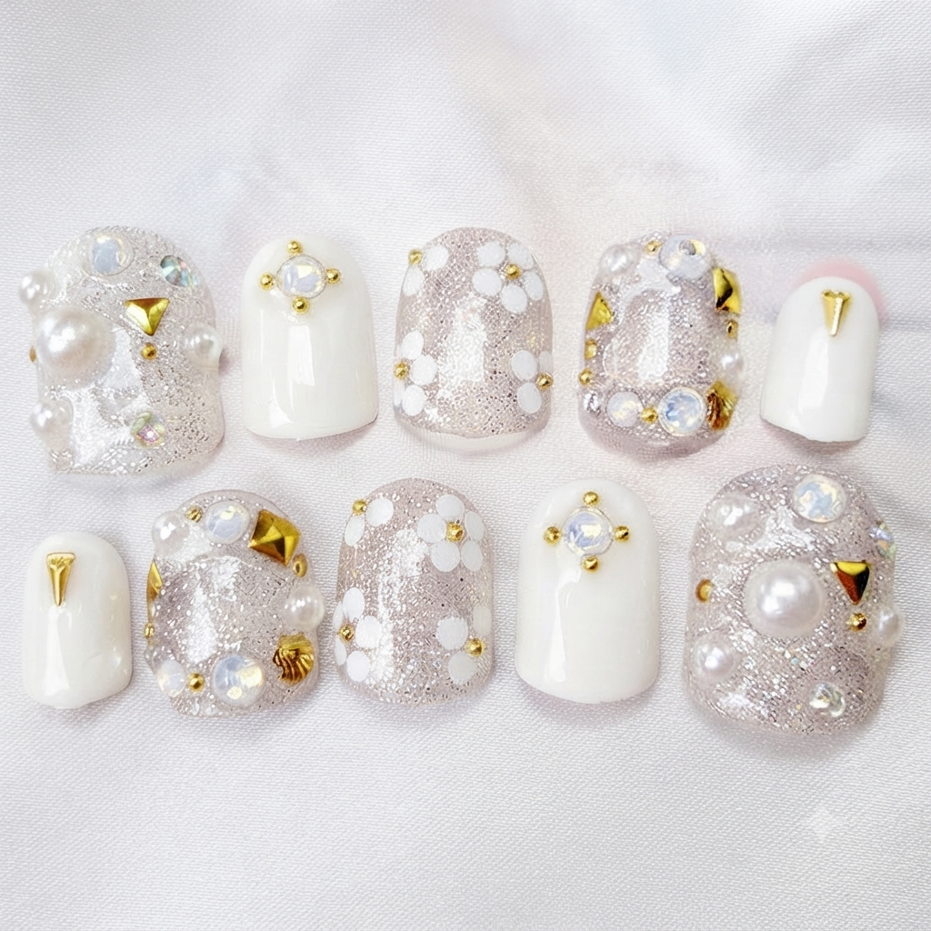White Pearl Bridal Press On Nails