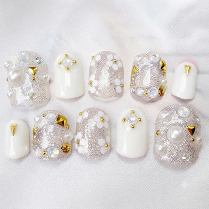 White Pearl Bridal Press On Nails