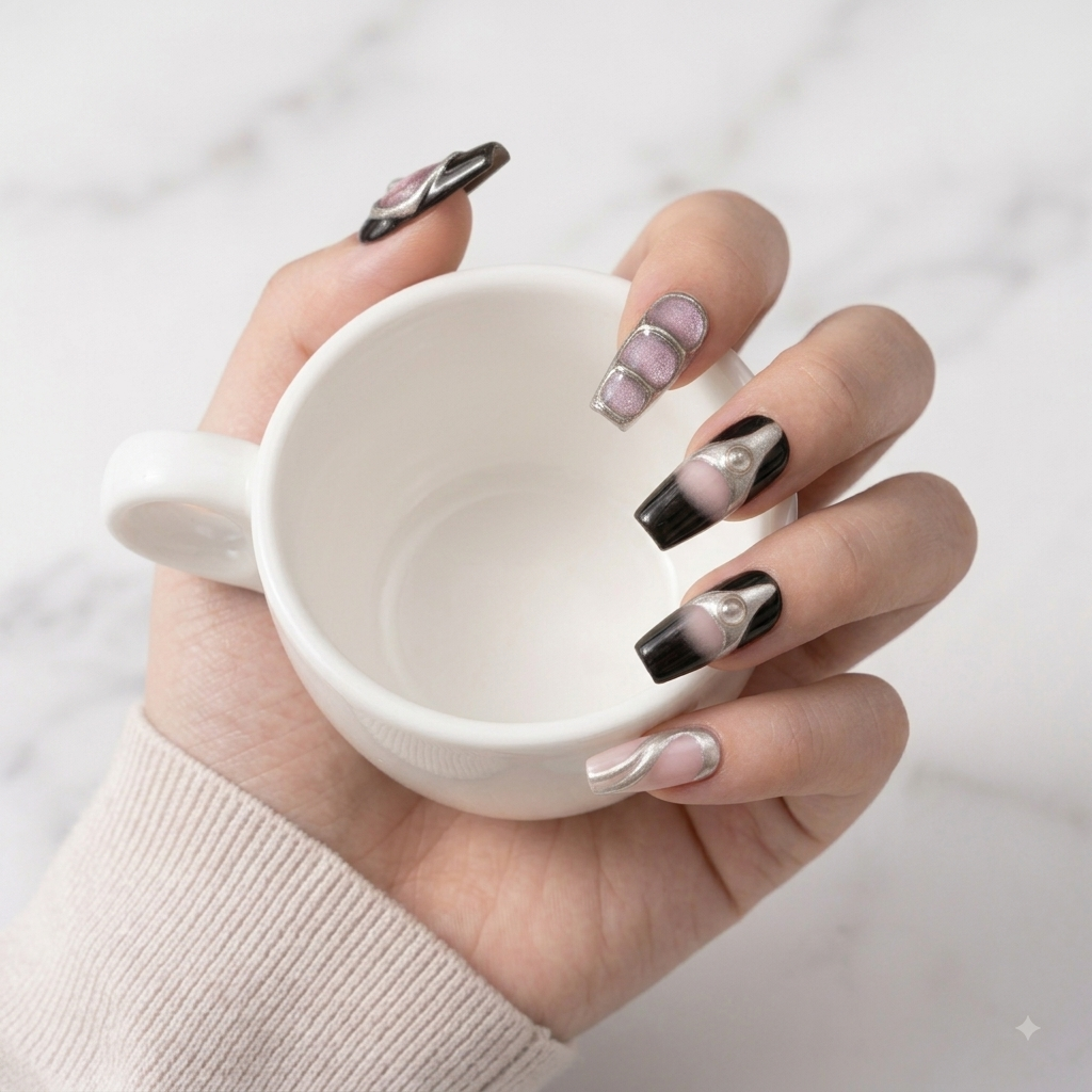 Luxury Pink & Black Chrome Press On Nails – 3D Silver Metallic Nail Set