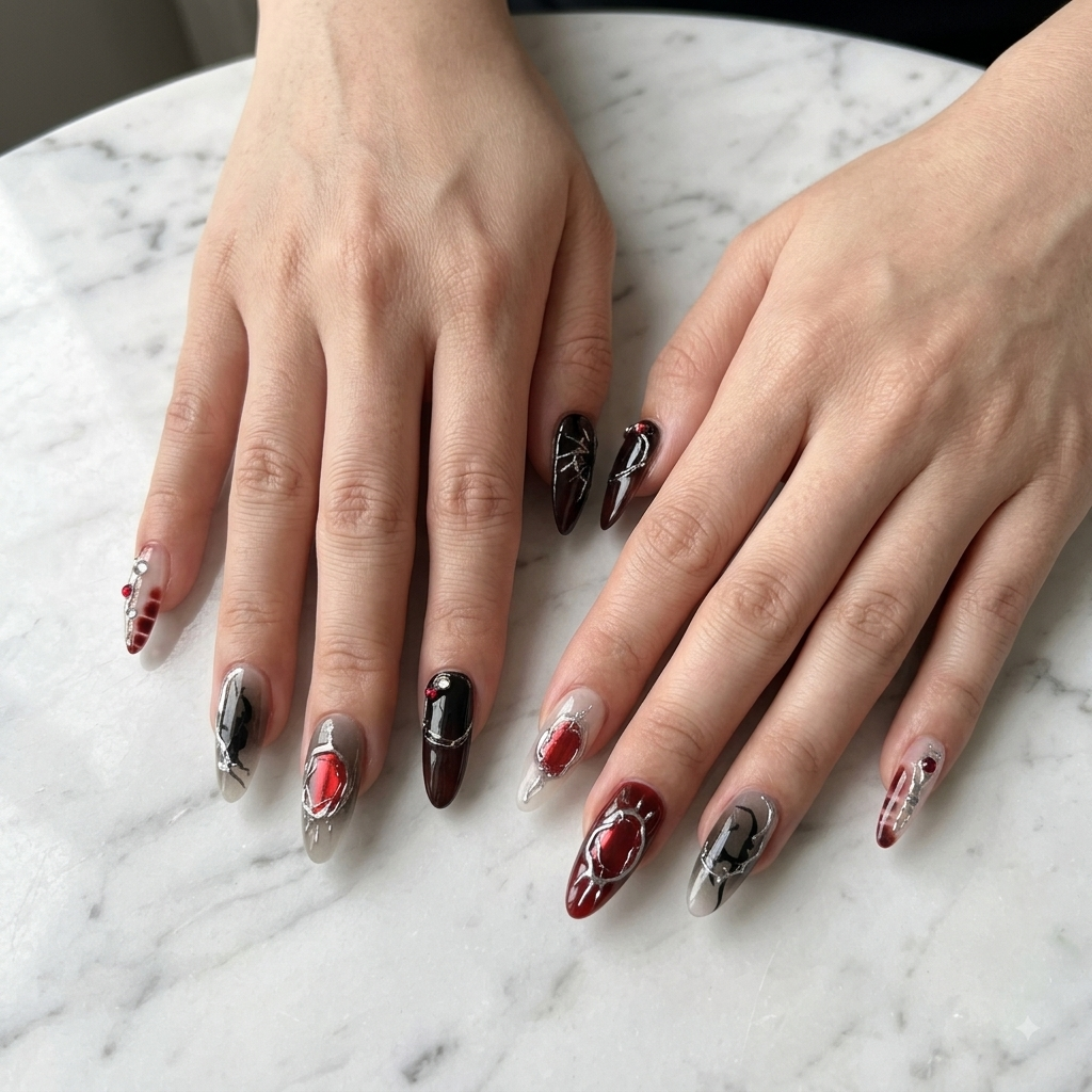 Dark Red Gothic Chrome Press On Nails