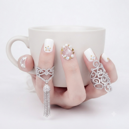 White Pearl Bridal Press On Nails