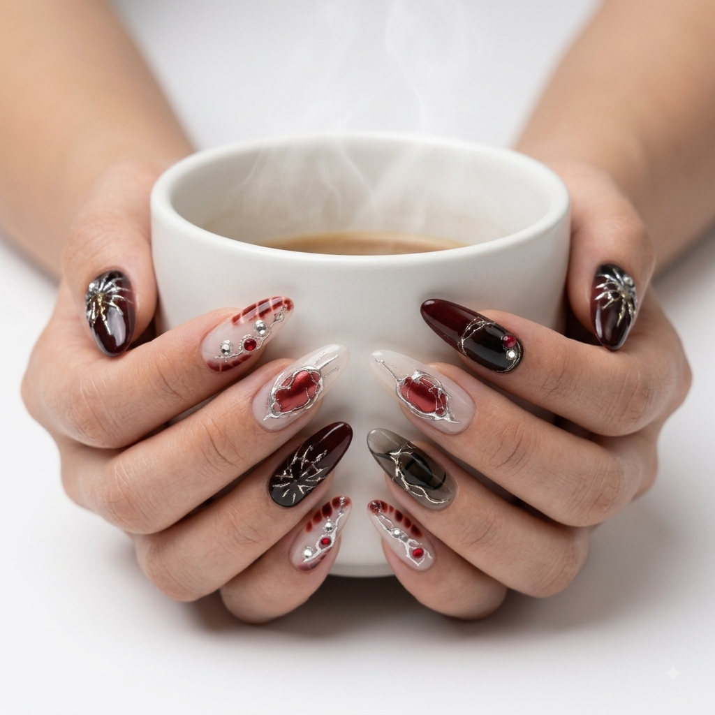 Dark Red Gothic Chrome Press On Nails