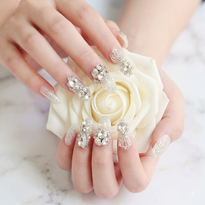 Luxury Crystal Bridal Press On Nails – Silver Rhinestone Wedding Nails