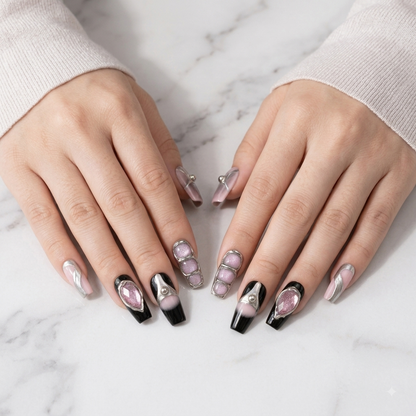 Luxury Pink & Black Chrome Press On Nails – 3D Silver Metallic Nail Set
