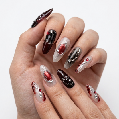 Dark Red Gothic Chrome Press On Nails