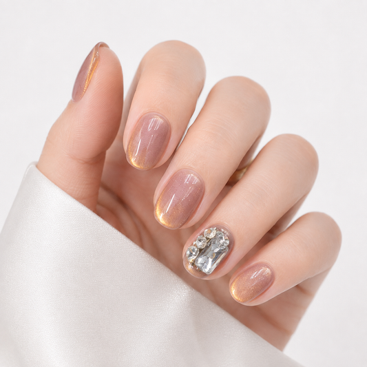 Glossy brown cat eye press on nails with sparkling crystal accent