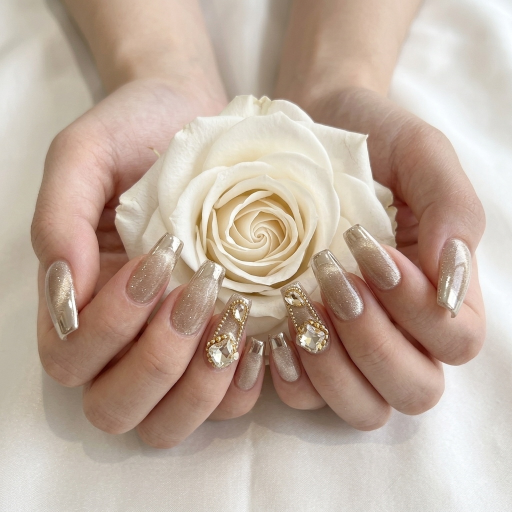 Gold French tip press on nails with 3D crystal details and white rose