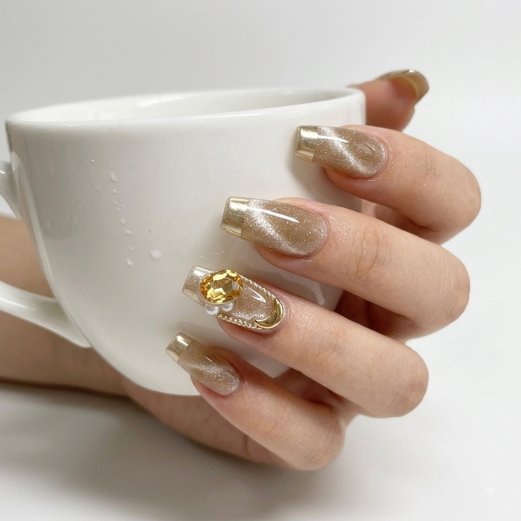 Gold French tip press on nails worn on hand holding a white coffee cup