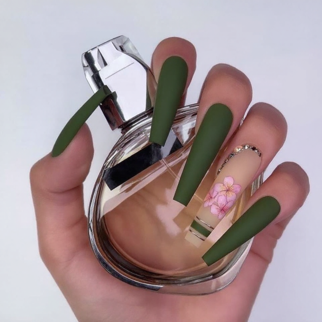 Green matte press on nails with cherry blossom flowers, luxury handmade fake nails